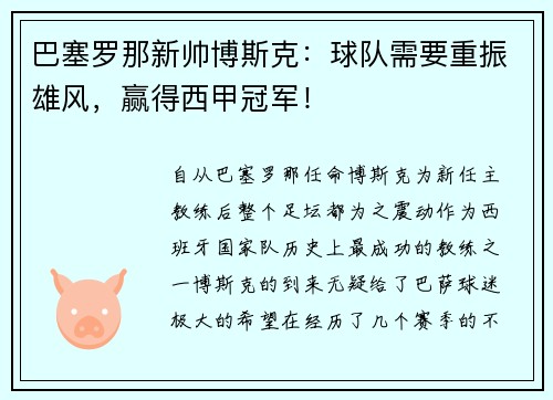 巴塞罗那新帅博斯克：球队需要重振雄风，赢得西甲冠军！
