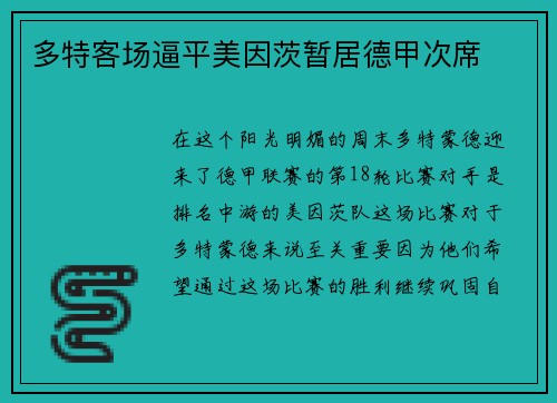 多特客场逼平美因茨暂居德甲次席