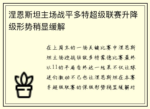 涅恩斯坦主场战平多特超级联赛升降级形势稍显缓解