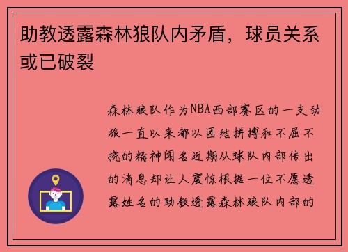 助教透露森林狼队内矛盾，球员关系或已破裂
