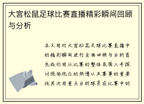 大宫松鼠足球比赛直播精彩瞬间回顾与分析